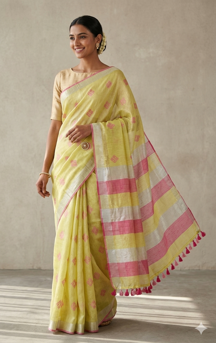 <transcy>Bordure Argentée Tissu Vert Lin Coton Weaven Saree BLS06</transcy>