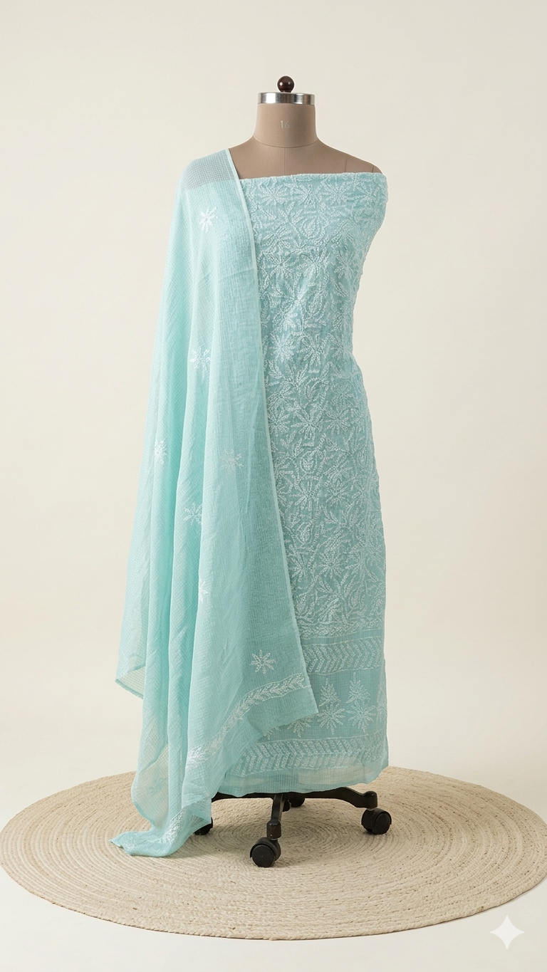 Authentic Chikankari Sea Green two piece Kota Cotton Suit dress Material