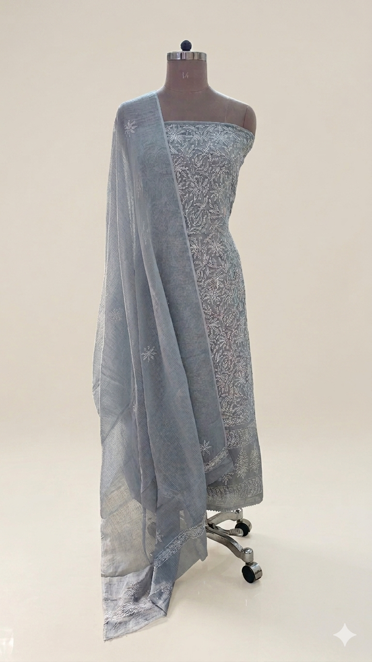 Authentic Chikankari Gray two piece Kota Cotton Suit dress Material