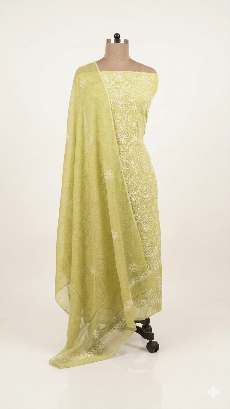Authentic Chikankari Lime Green two piece Kota Cotton Suit dress Material