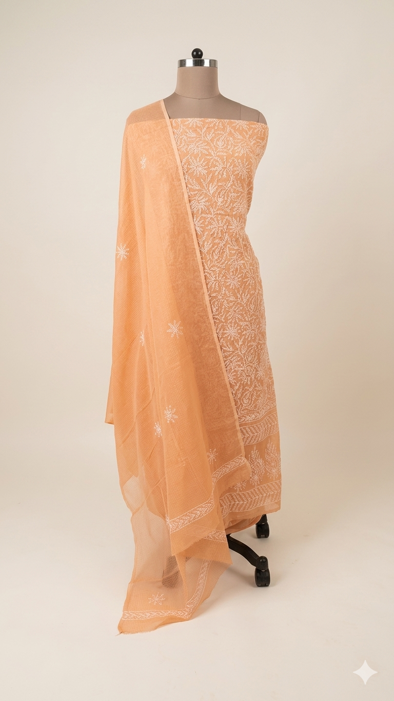 Authentic Chikankari Peach two piece Kota Cotton Suit dress Material