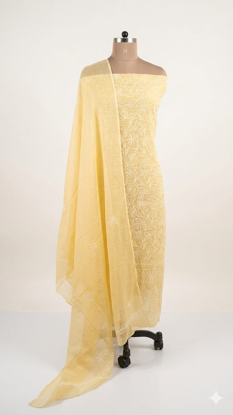 Authentic Chikankari Lemon Yellow two piece Kota Cotton Suit dress Material