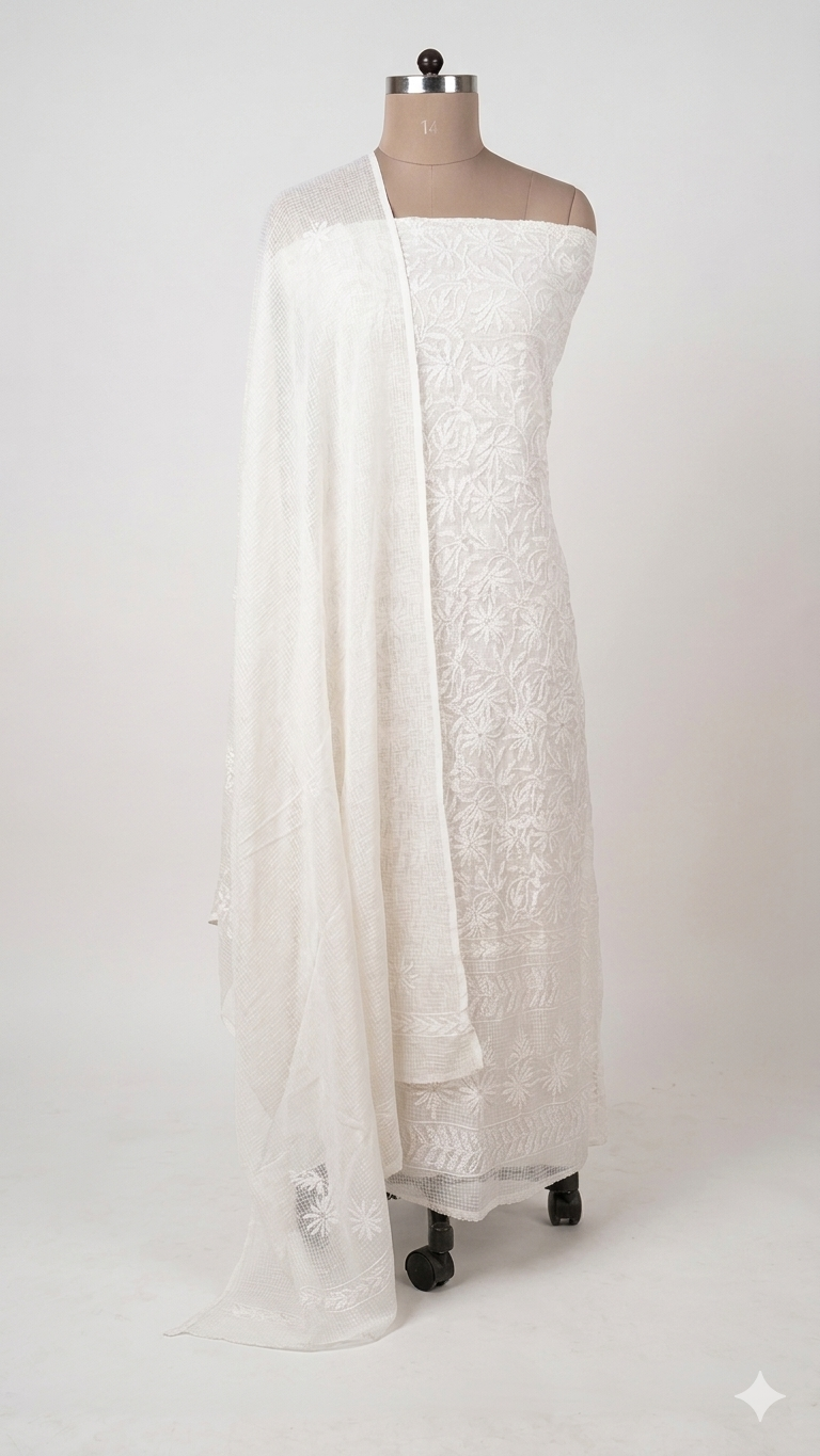 Authentic Chikankari Cream two piece Kota Cotton Suit dress Material