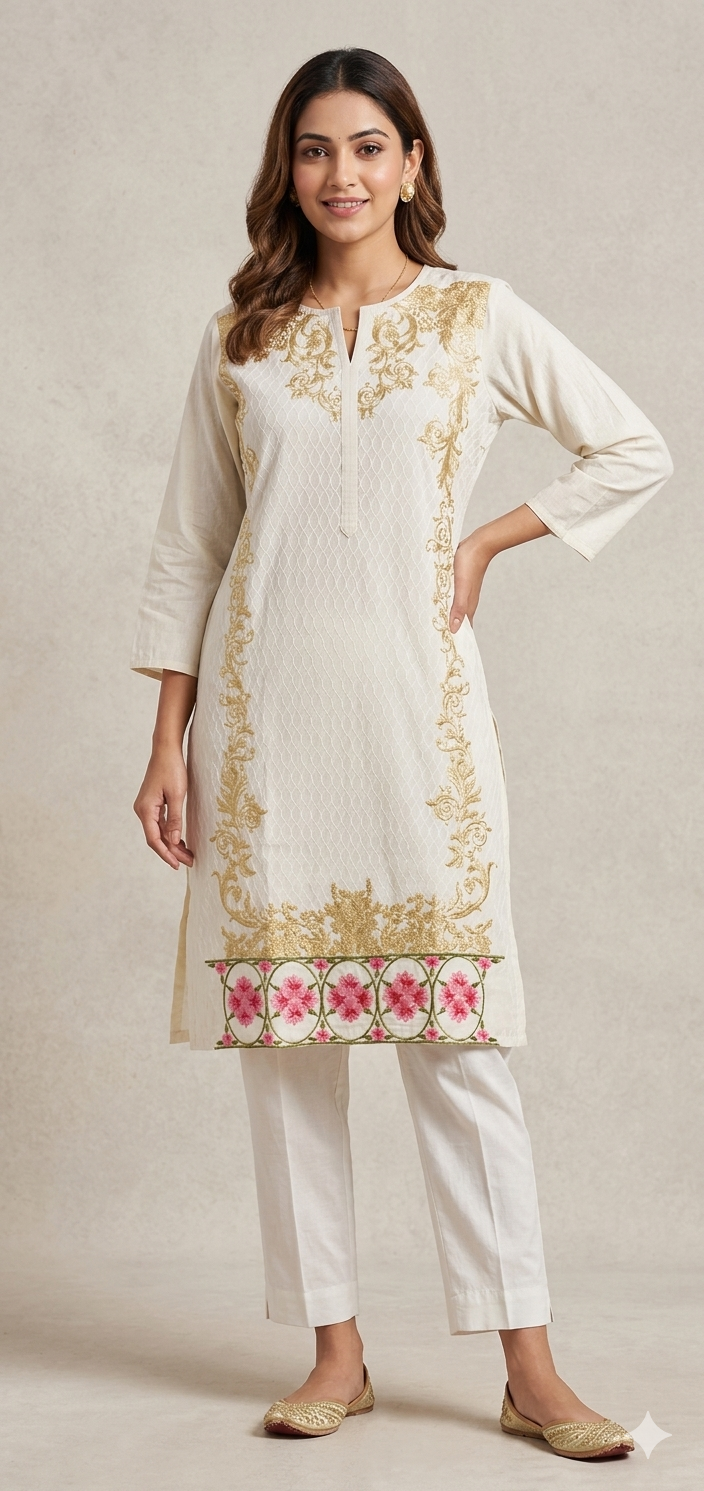 Semi Stitched Cream Pakistani Embroidered Kurti Kurta PK03