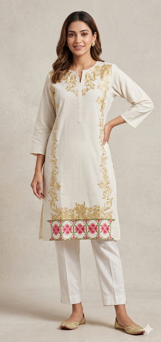 Semi Stitched Cream Pakistani Embroidered Kurti Kurta PK03