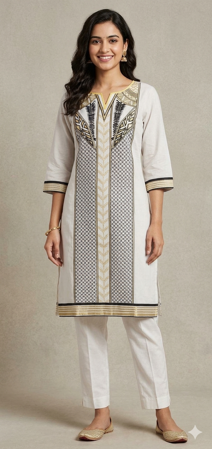 Semi Stitched Off White Pakistani Embroidered Kurti Kurta PK05