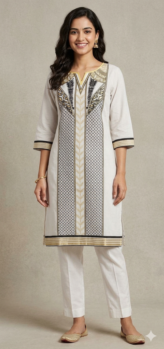 Semi Stitched Off White Pakistani Embroidered Kurti Kurta PK05