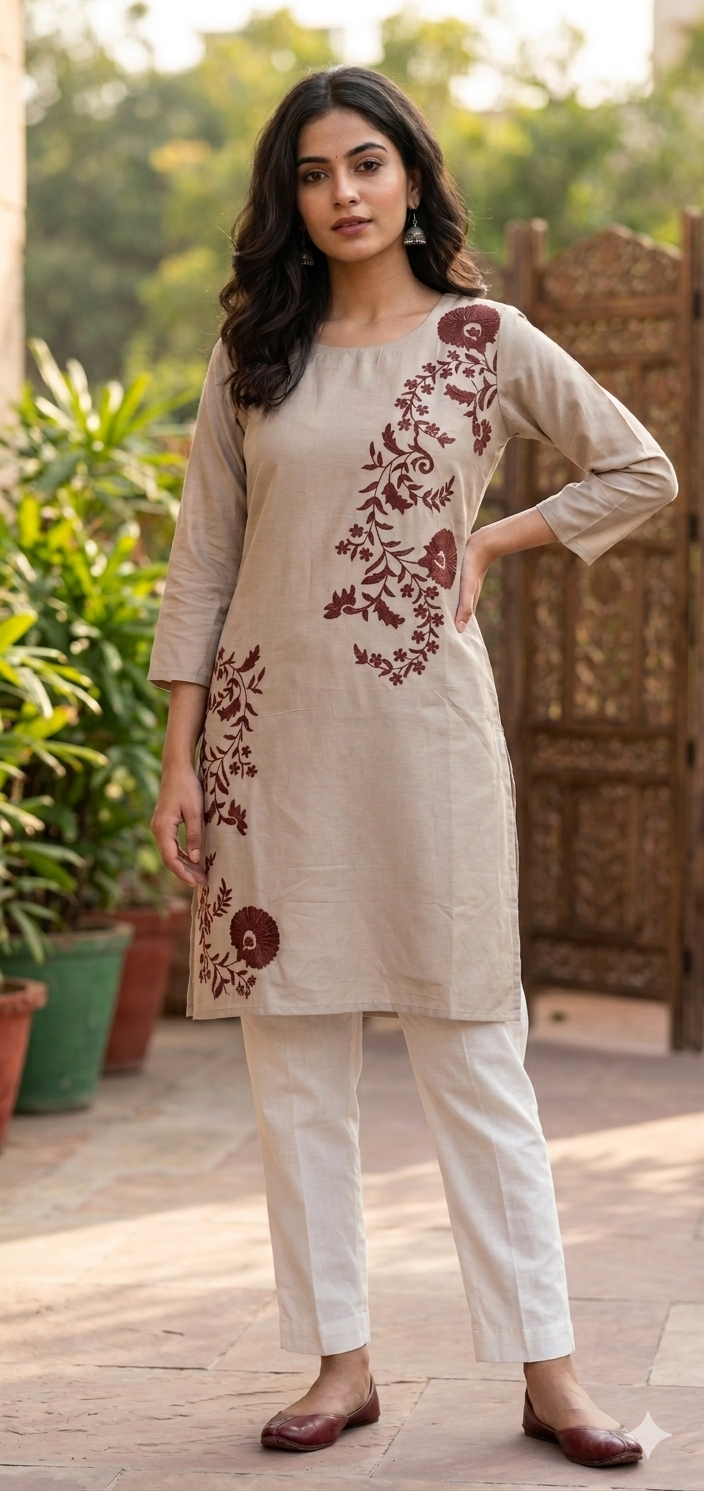 Semi Stitched Light Brown Pakistani Embroidered Kurti Kurta PK08