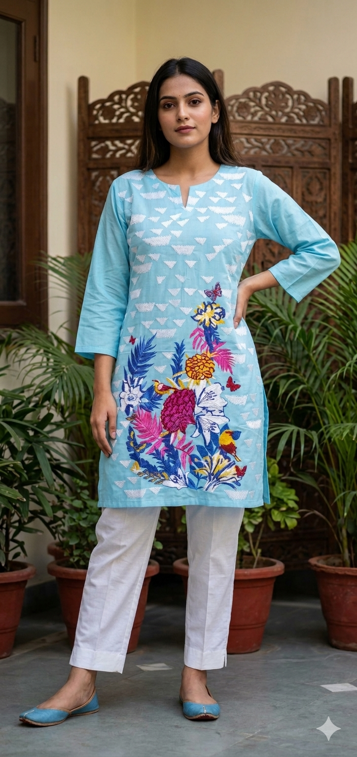 Semi Stitched Light Blue Pakistani Embroidered Kurti Kurta PK09