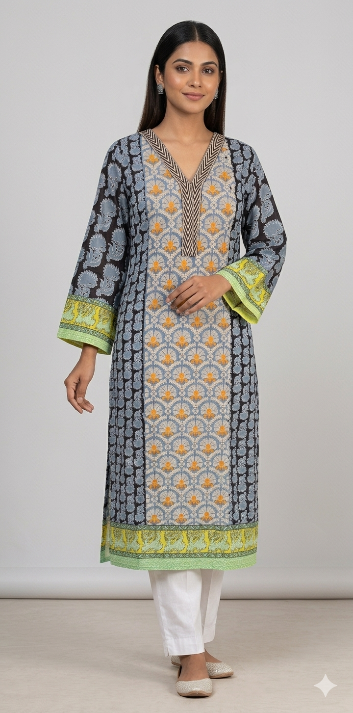 Black Cotton Semi Stitched Long plus size kurta Kurti ZS2A