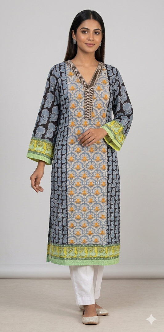 Black Cotton Semi Stitched Long plus size kurta Kurti ZS2A