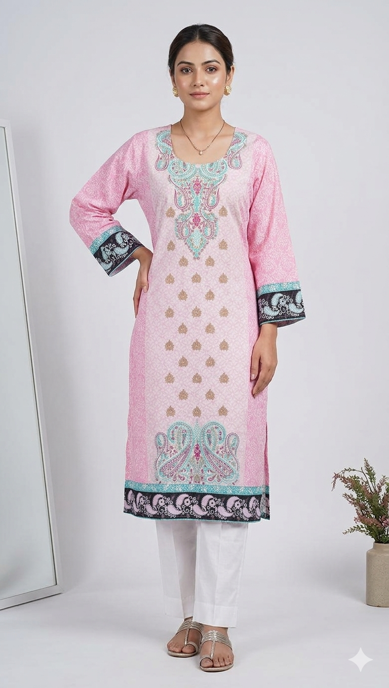 Pink Cotton plus size Long Semi Stitched Kurti ZS1B