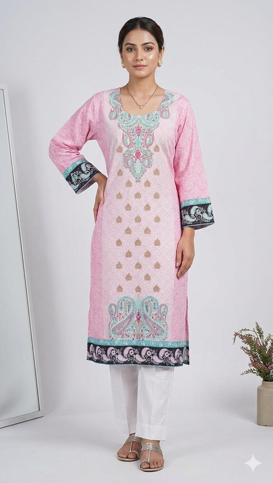 Pink Cotton plus size Long Semi Stitched Kurti ZS1B