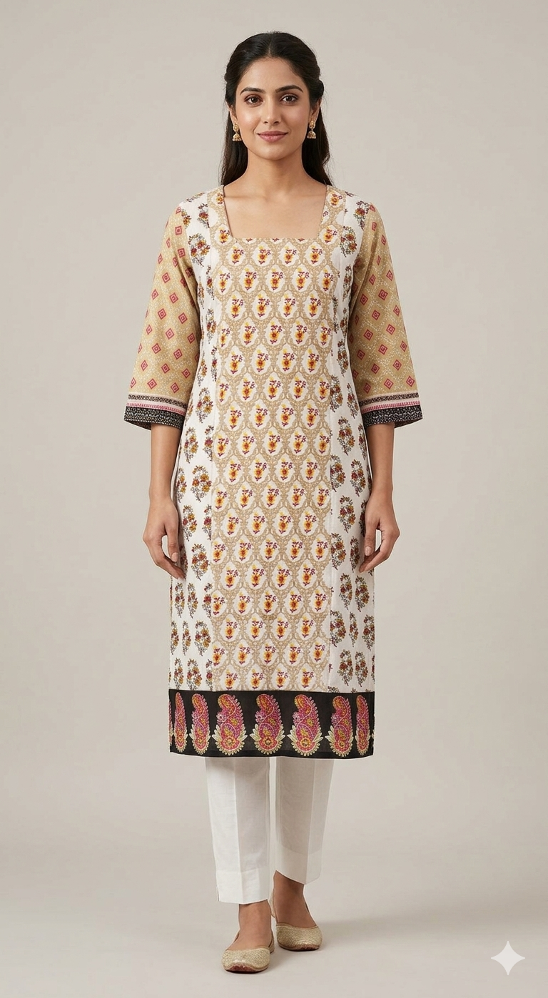 Off White Cotton Plus size Long Semi Stitched Kurti Kurta MS4B