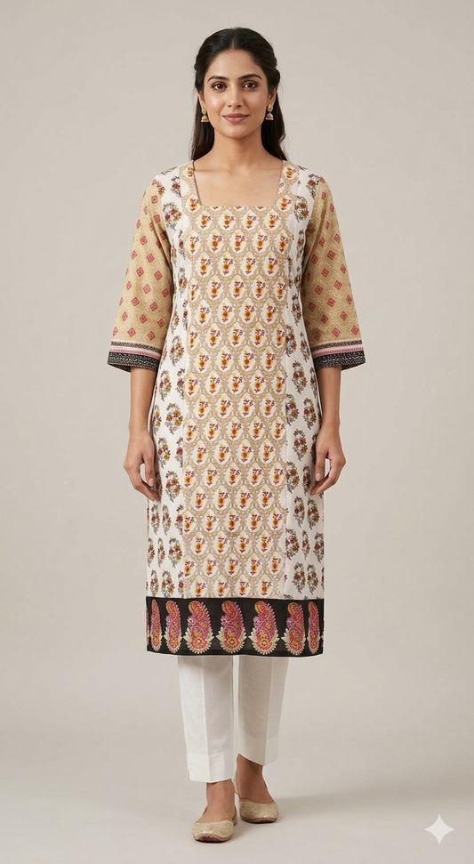 Off White Cotton Plus size Long Semi Stitched Kurti Kurta MS4B