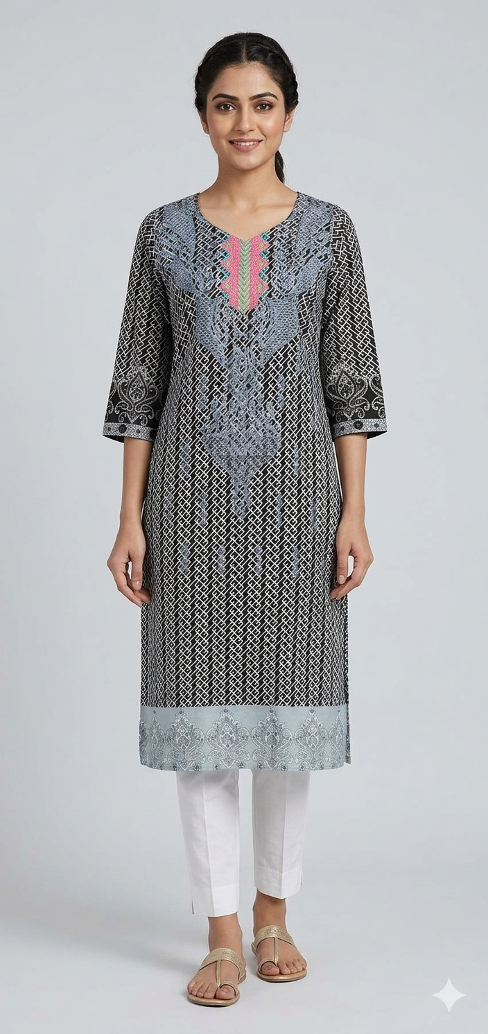 Black Long Cotton Semi Stitched plus size Kurti Kurta MS5a