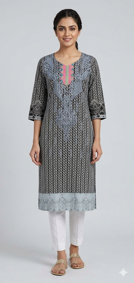 Black Long Cotton Semi Stitched plus size Kurti Kurta MS5a