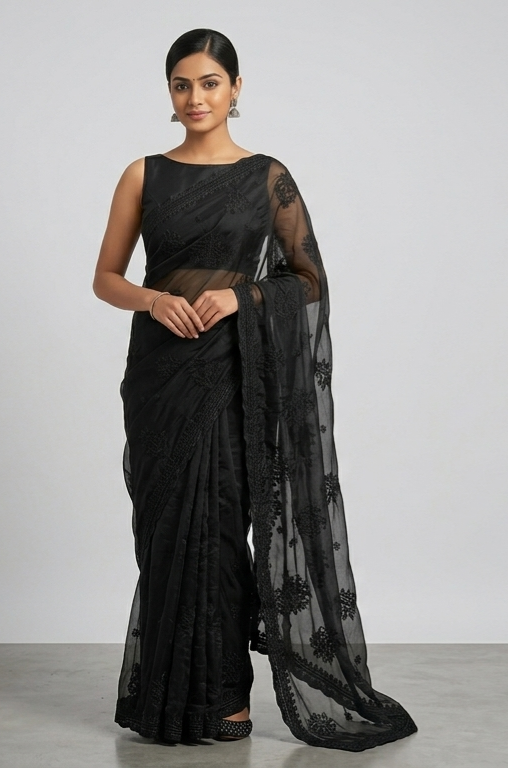Black Organza hand work Lakhnavi Chikankari saree