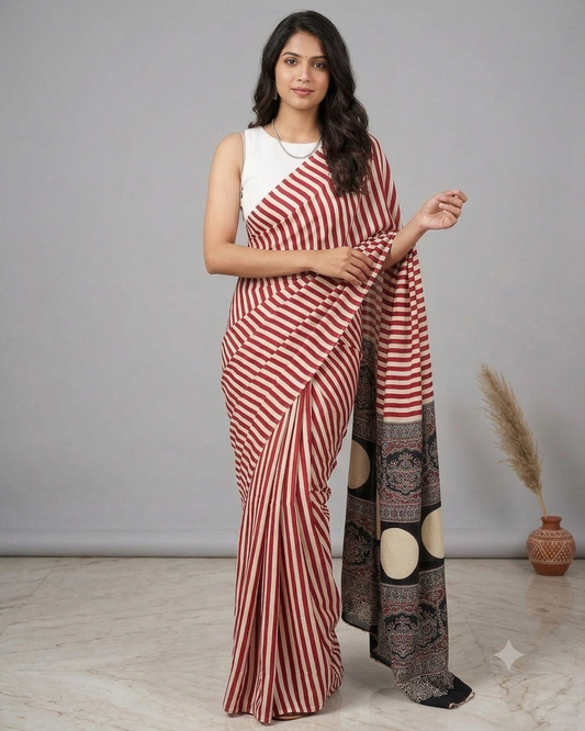 Cream Red Striped screen printed satin Modal saree with Ajrakh print