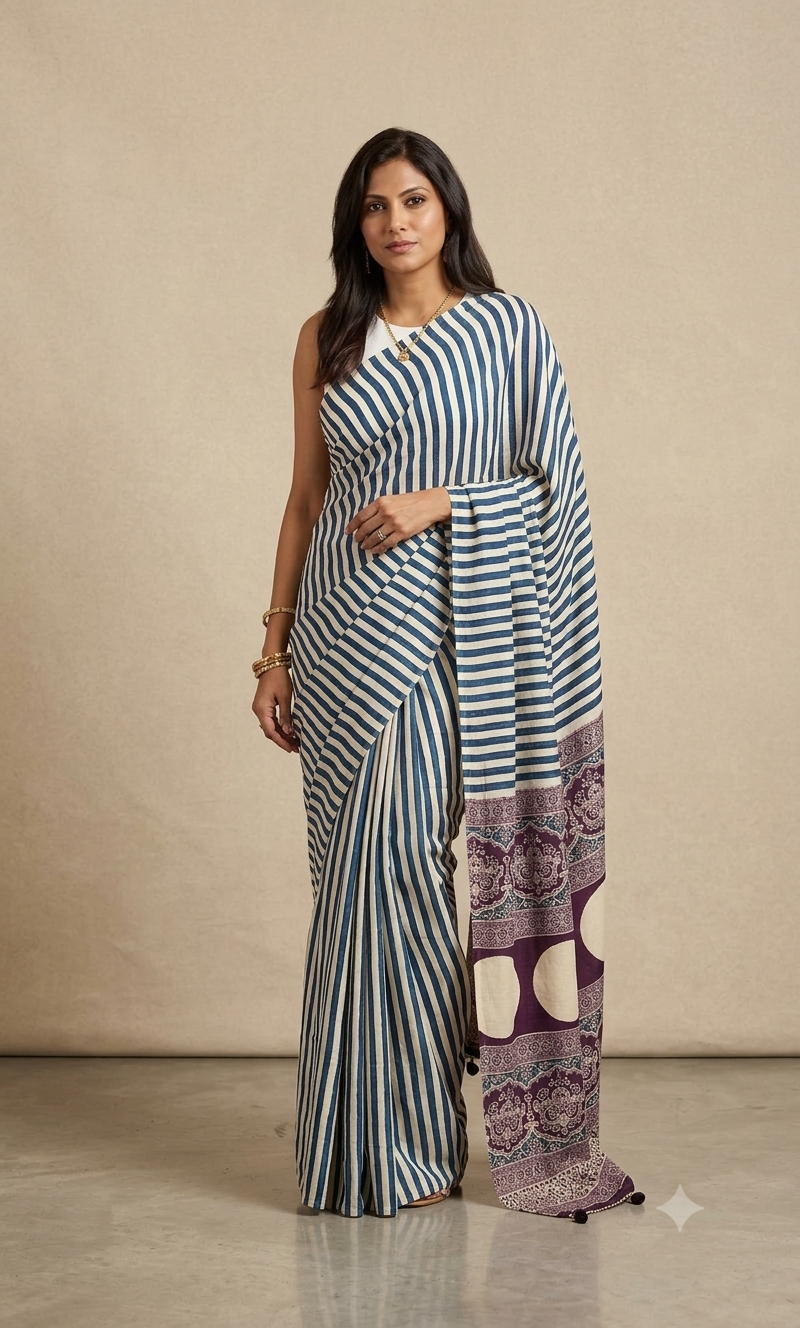 Cream Blue Striped screen printed satin Modal saree with Ajrakh print