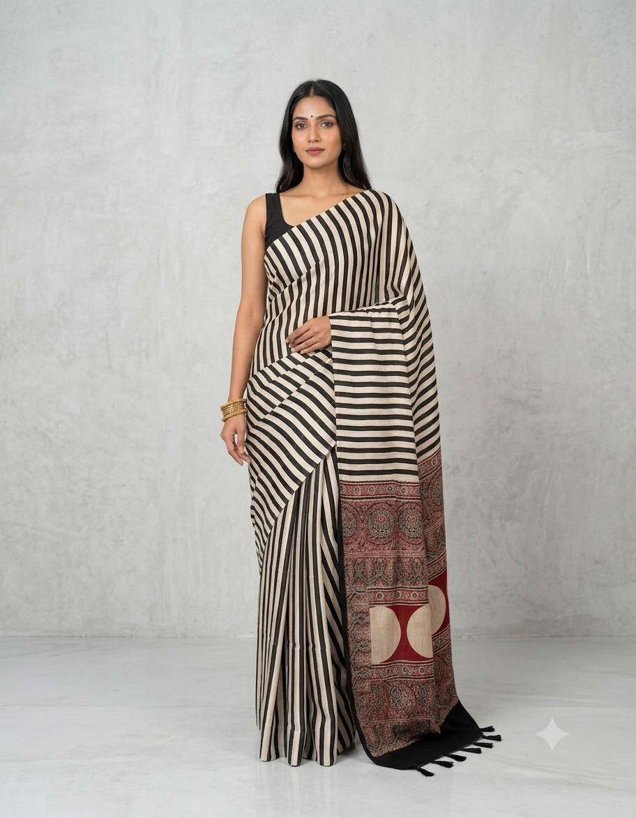 Cream Black Striped screen printed satin Modal saree with Ajrakh print