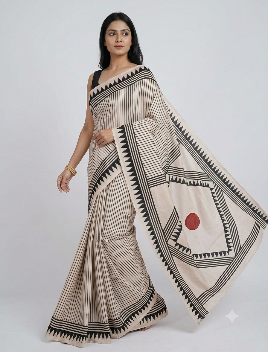 Offwhite Black Striped screen printed Modal Silk Saree 2