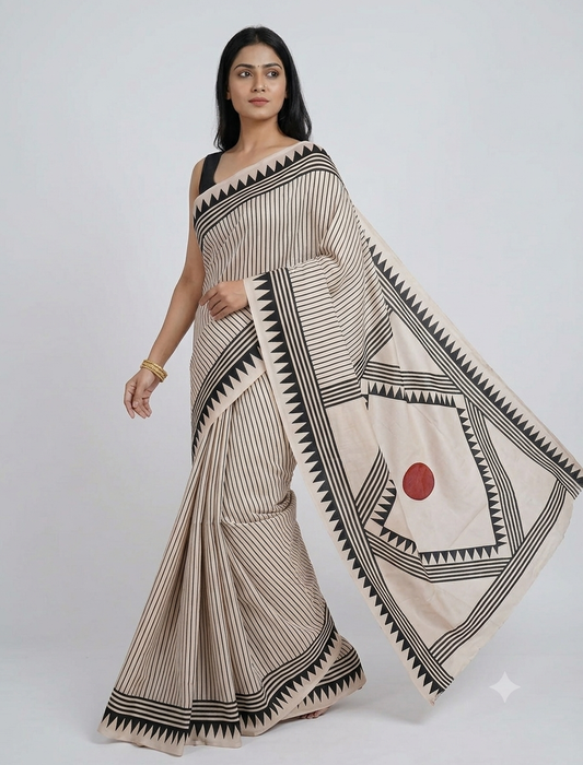 Offwhite Black Striped screen printed Modal Silk Saree 2