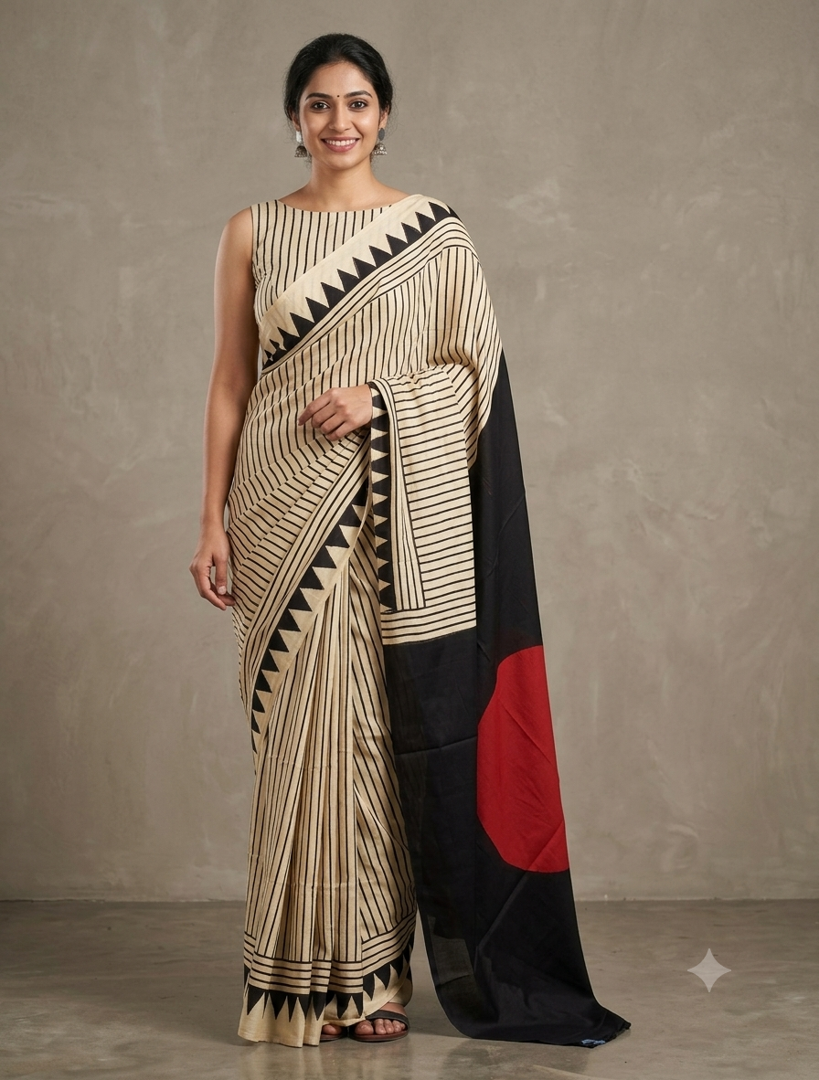 Offwhite Black Striped screen printed Modal Silk Saree
