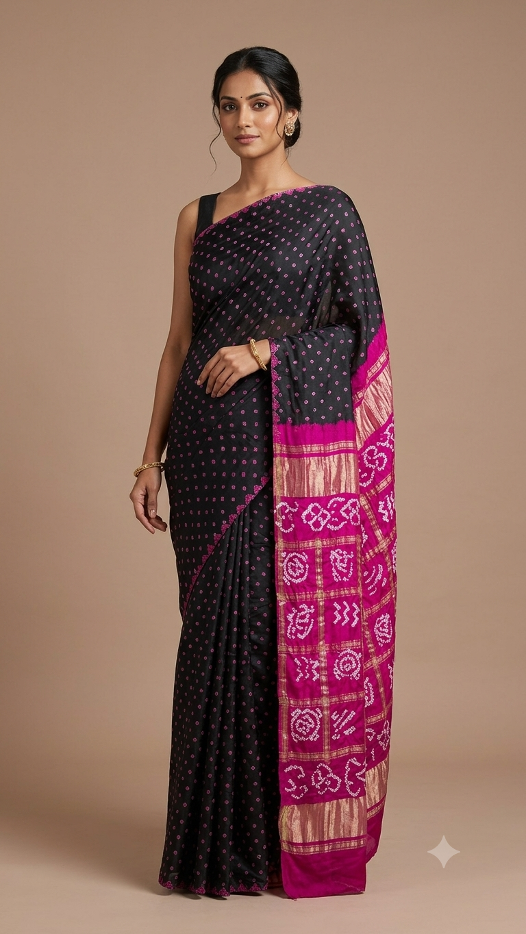 Pure Gajji Silk Black saree with Bandhej Badhani Gharchola work