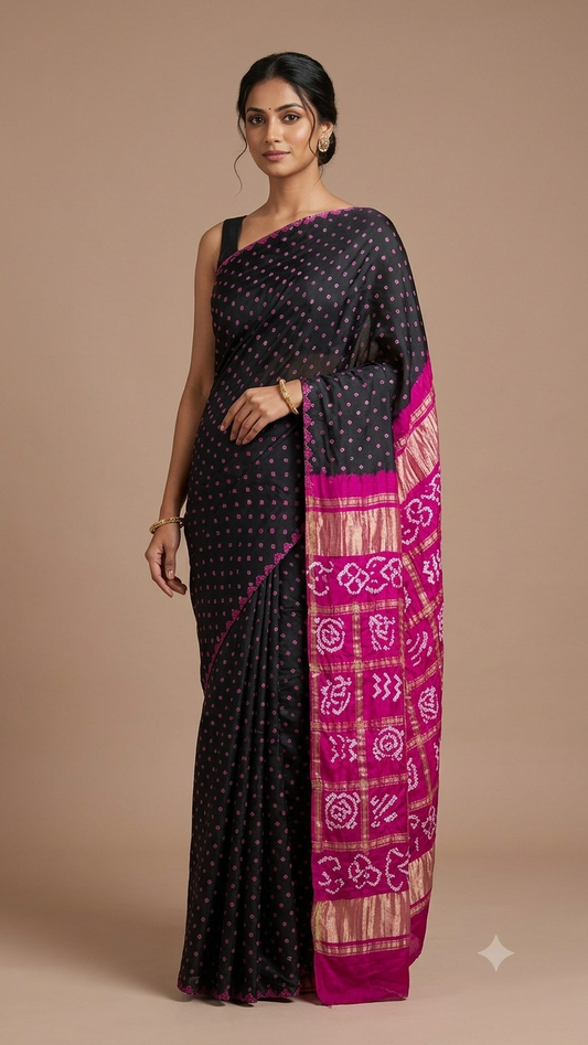 Pure Gajji Silk Black saree with Bandhej Badhani Gharchola work