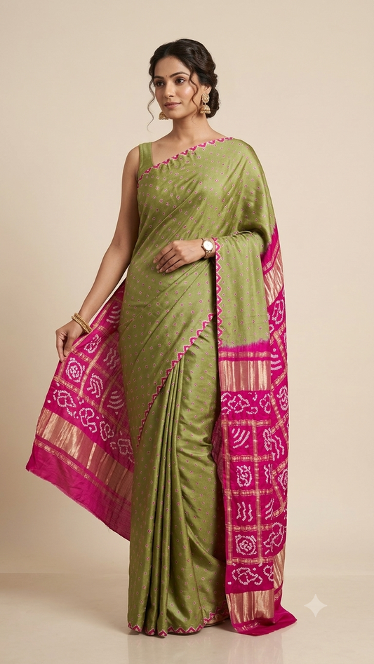 Pure Gajji Silk Olive Green saree with Bandhej Badhani Gharchola work