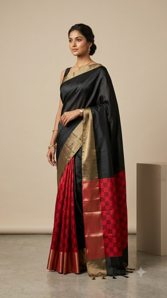<transcy>Saree Lacey Noir Coton Soie Zari Border</transcy>