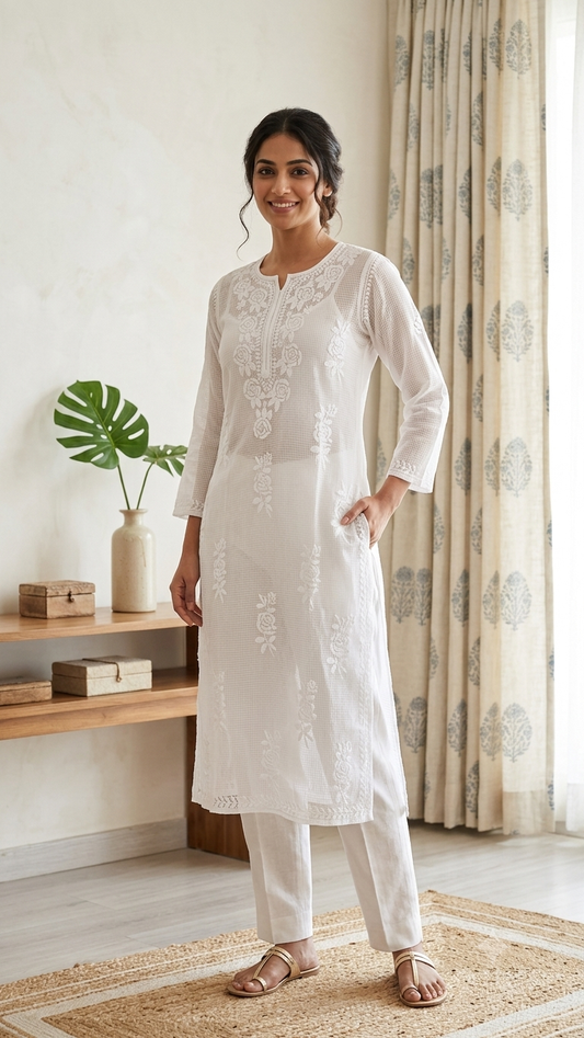 Designer White Chikankari Kota Cotton Hand Work Kurti (Free size upto 42)