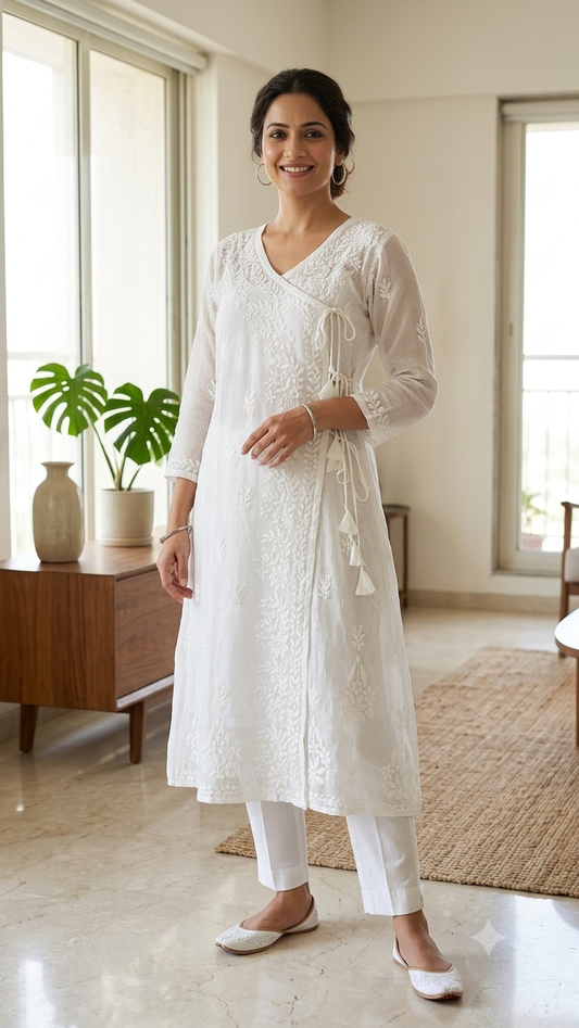 Designer White Chikankari Kota Cotton Hand Work Anarkali Kurti (Free size upto 42)