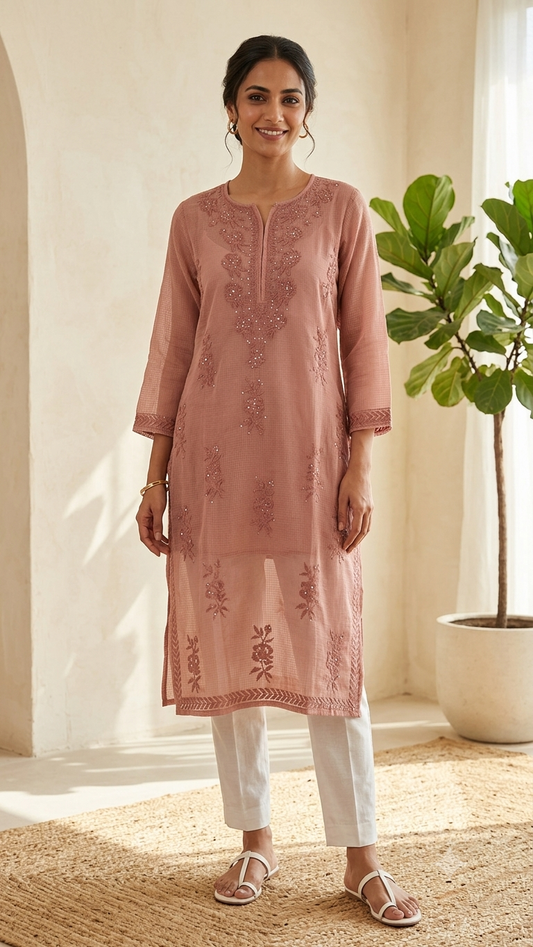 Designer Brown Chikankari Kota Cotton Mukesh Work Kurti (Free size upto 44)