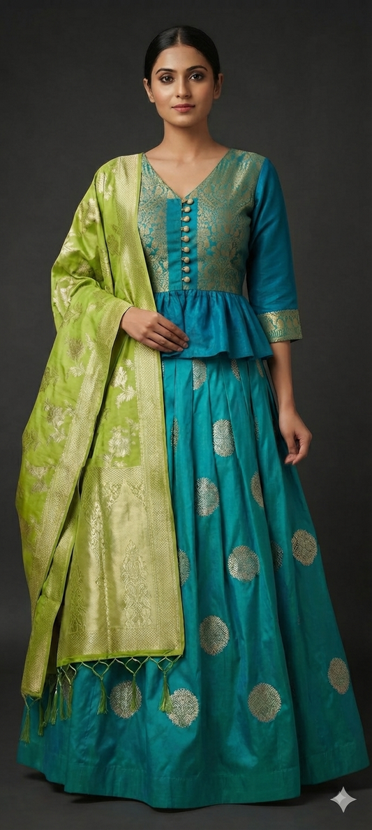 Designer Dupion Silk Turquoise Ready To Wear Lehenga Choli  with Banarasi Dupatta ALC29