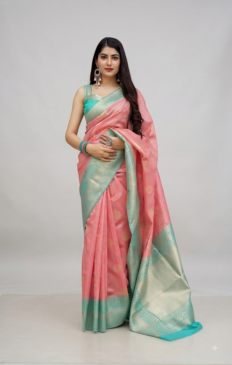 Designer Peach Pink Weaven Pure Silk Saree MAN1301