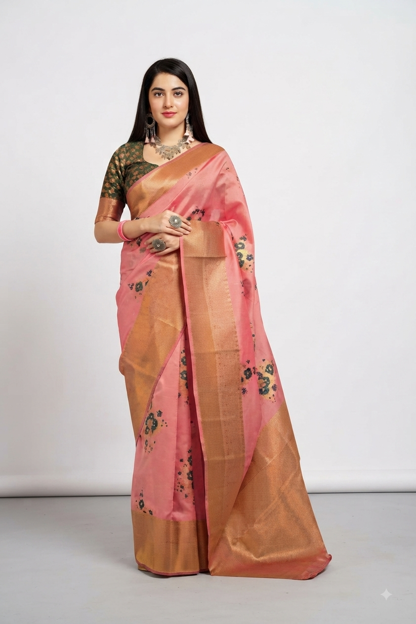 Designer Peach Pink Weaven Katan Pure Silk Saree MAN2202