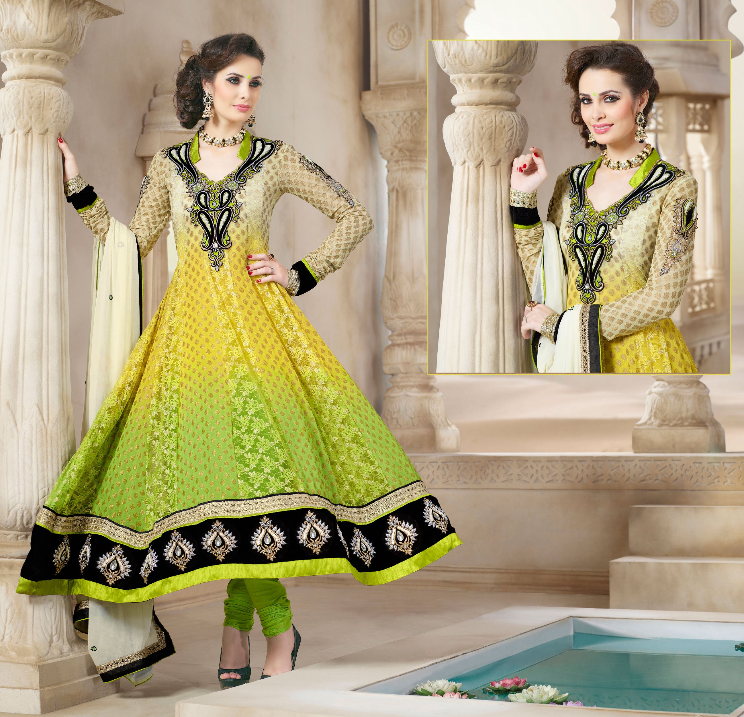 Designer Georgette Net Stitched Lime Green Anarkali Dress Material Ethnic s By Anvi Creations