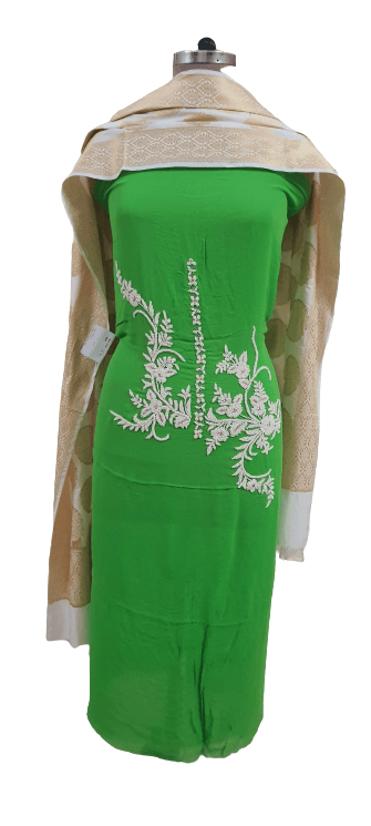 Jaipuri Pearl Hand Work Green Georgette Kurti Kurta Fabric GP48 - Ethnic's By Anvi Creations