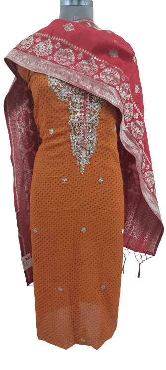Jaipuri Mothra Georgette Gotta Patti work Orange Kurti Kurta Fabric GP72 - Ethnic's By Anvi Creations