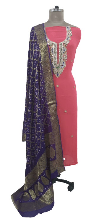 Jaipuri Kundan Hand Work Gazari Pink Georgette Kurti Kurta Fabric GP40 - Ethnic's By Anvi Creations