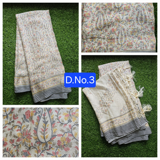 Cream Printed Faux Pashmina Woven border Saree with Stole D3