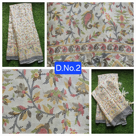 Cream Printed Faux Pashmina Woven border Saree with Stole D2