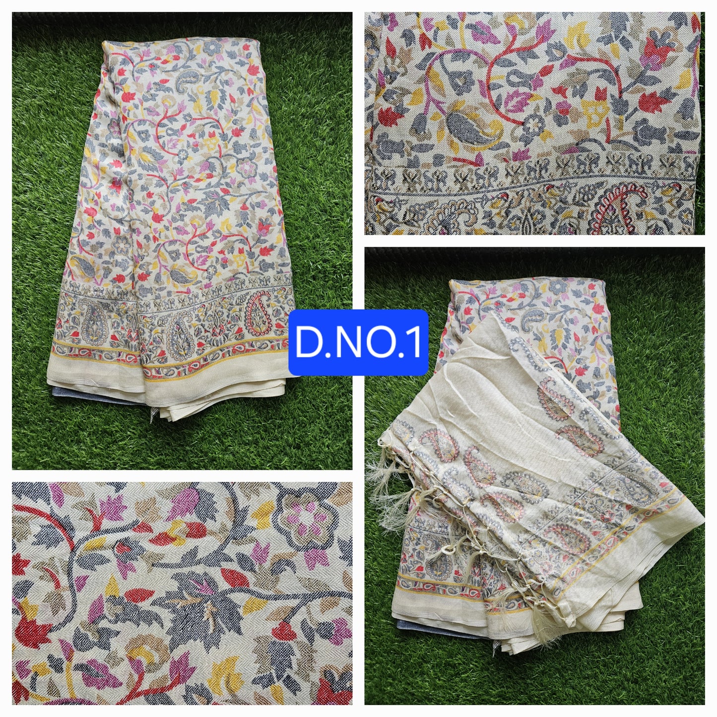 Cream Printed Faux Pashmina Woven border Saree with Stole D1