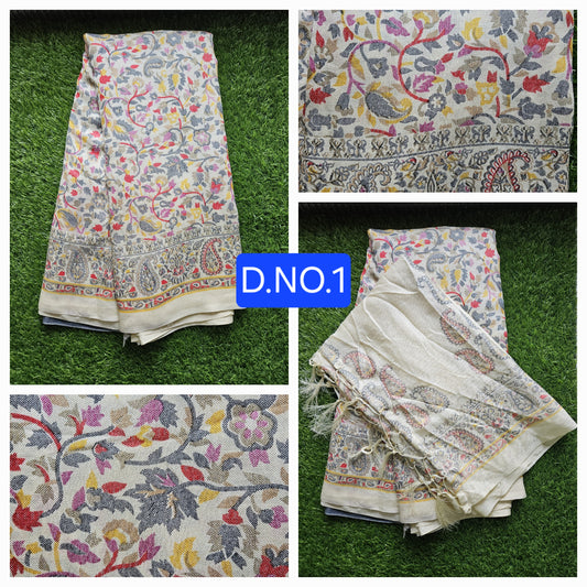 Cream Printed Faux Pashmina Woven border Saree with Stole D1