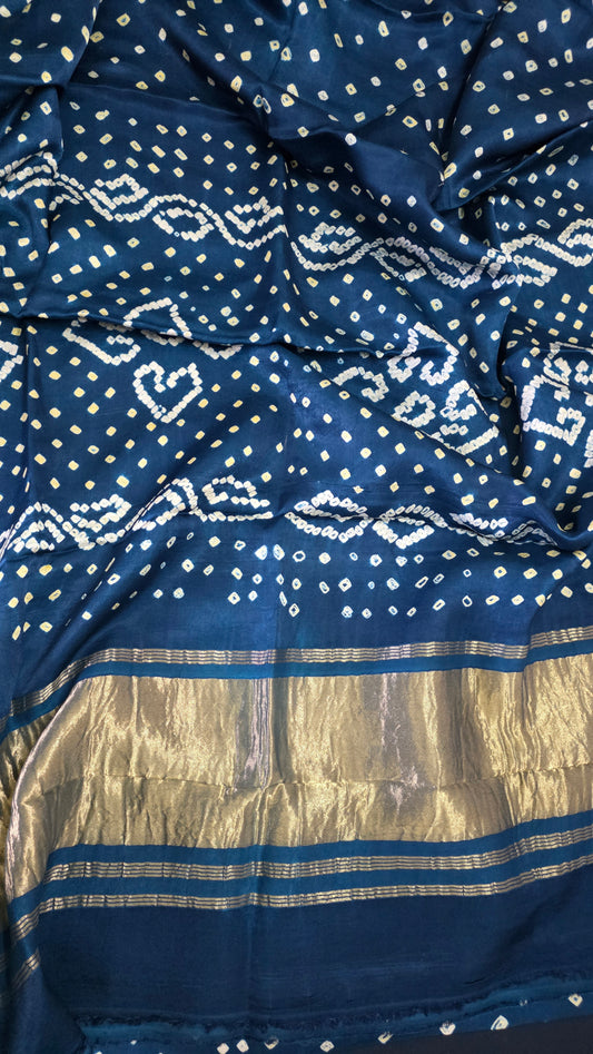 Teal Blue Jaipuri Handcrafted Modal Gajji Bandhani Saree with Lagdi Patta Authentic Bandhej BANL05