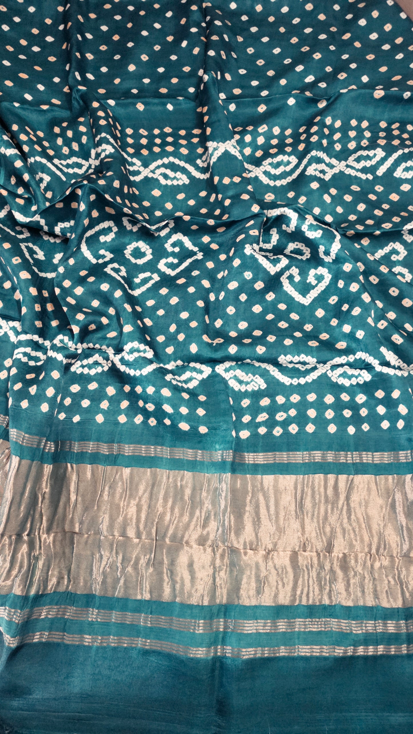 Turquoise Green Jaipuri Handcrafted Modal Gajji Bandhani Saree with Lagdi Patta Authentic Bandhej BANL02