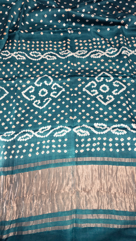 Turquoise Green Jaipuri Handcrafted Modal Gajji Bandhani Saree with Lagdi Patta Authentic Bandhej BANL02
