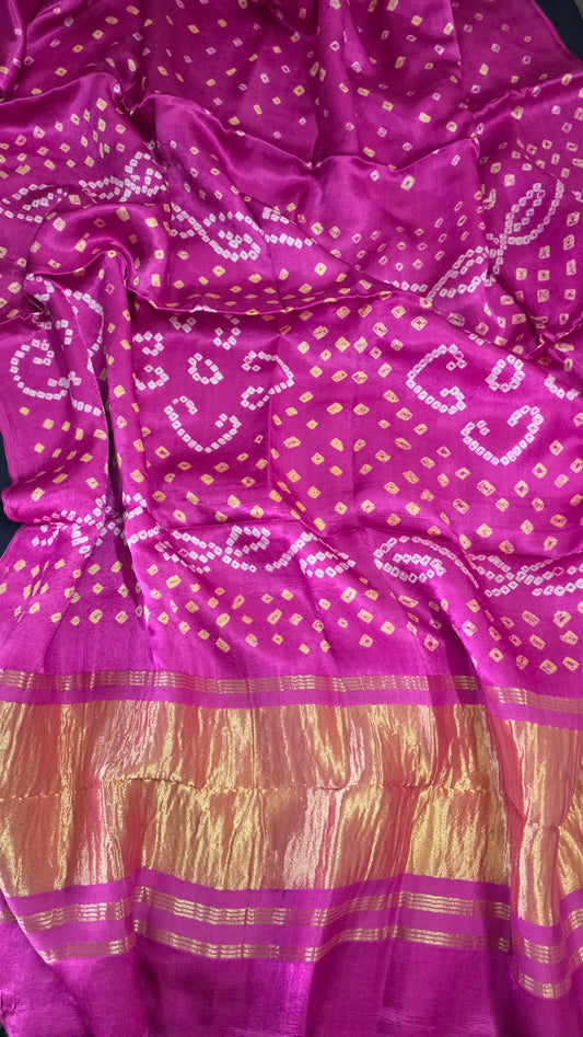 Pink Jaipuri Handcrafted Modal Gajji Bandhani Saree with Lagdi Patta Authentic Bandhej BANL03